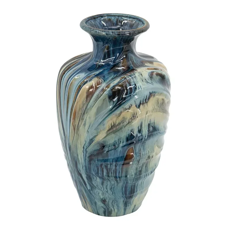 Blue Brown Reactive Glazed Ceramic Vase for Home Decor Mantel Dresser Bookshelf Sideboard Tabletop Dining Room Centerpiece