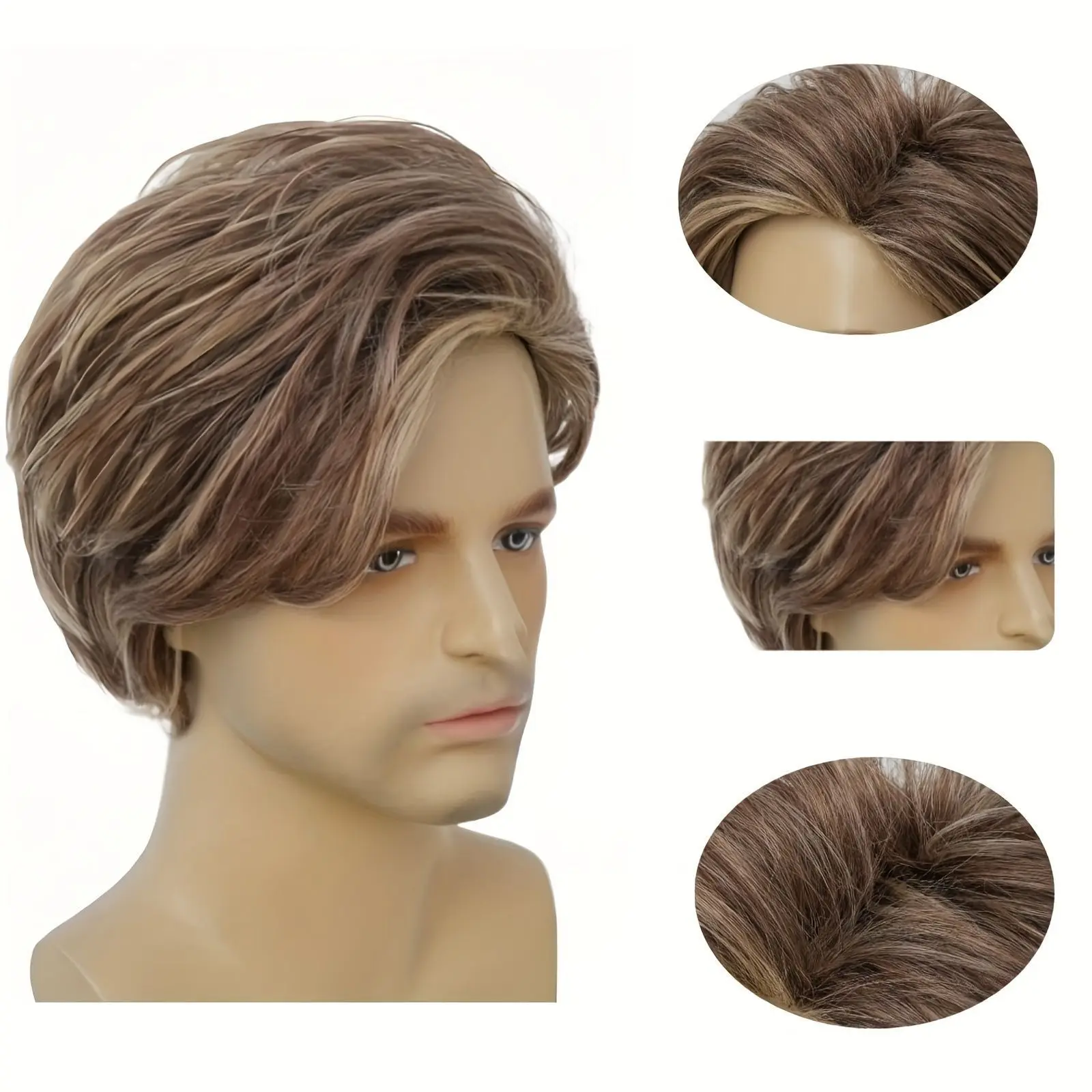 Men Wig Short Straight Synthetic Wigs for Male Mixed Brown Wigs with Side Bangs Cosplay Party Halloween