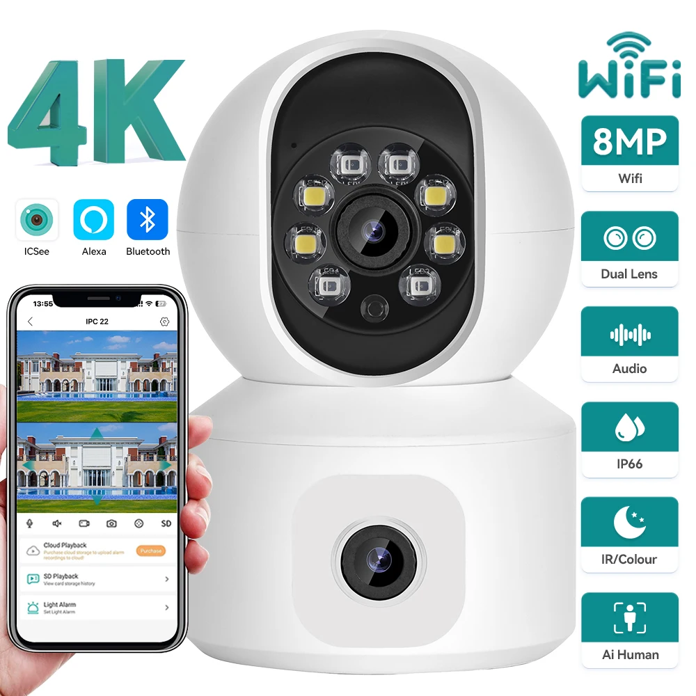 4MP Dual Lens WiFi Camera Dual Screen Baby Monitor Auto Tracking Night Vision Indoor Mini PTZ Security Surveillance IP Camera