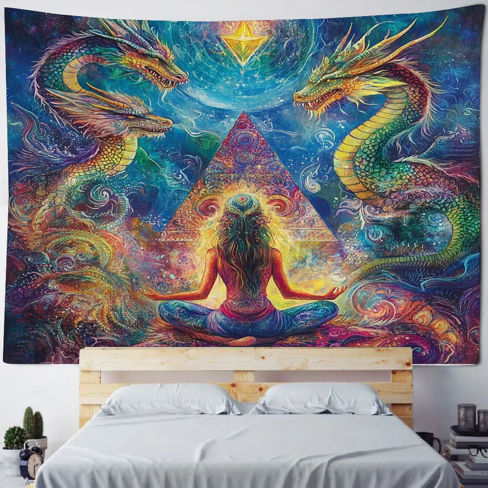 Illusionary Dragon Family Illusionary Dragon Decorative Tapestry Colorful Dragon Illustration Decorative Tapestry