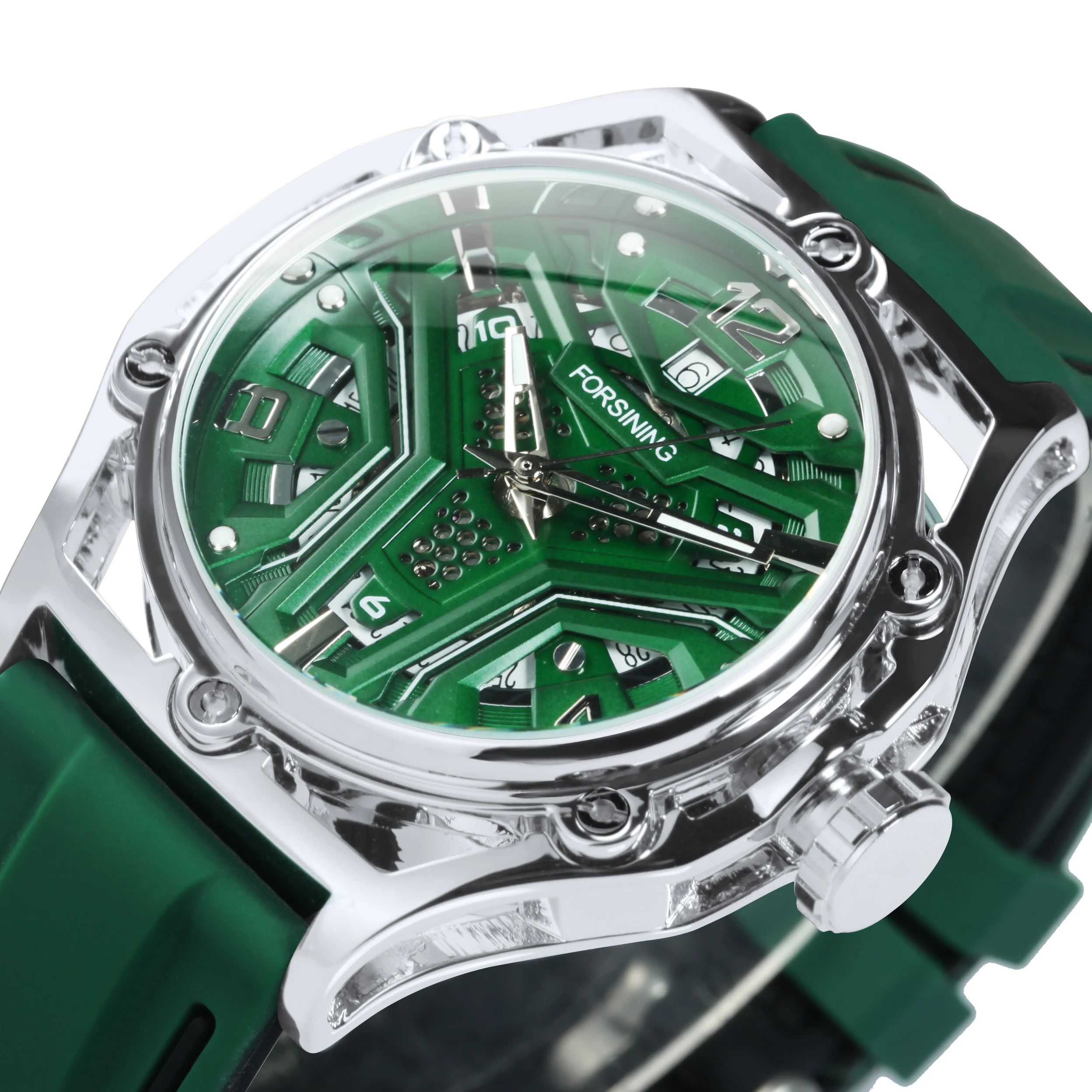 Forsining Sports Mechanical Watches Fashion Calendar Hollow Out Green Dial Automatic Mens Watch Luminous Hand Rubber Strap 2024