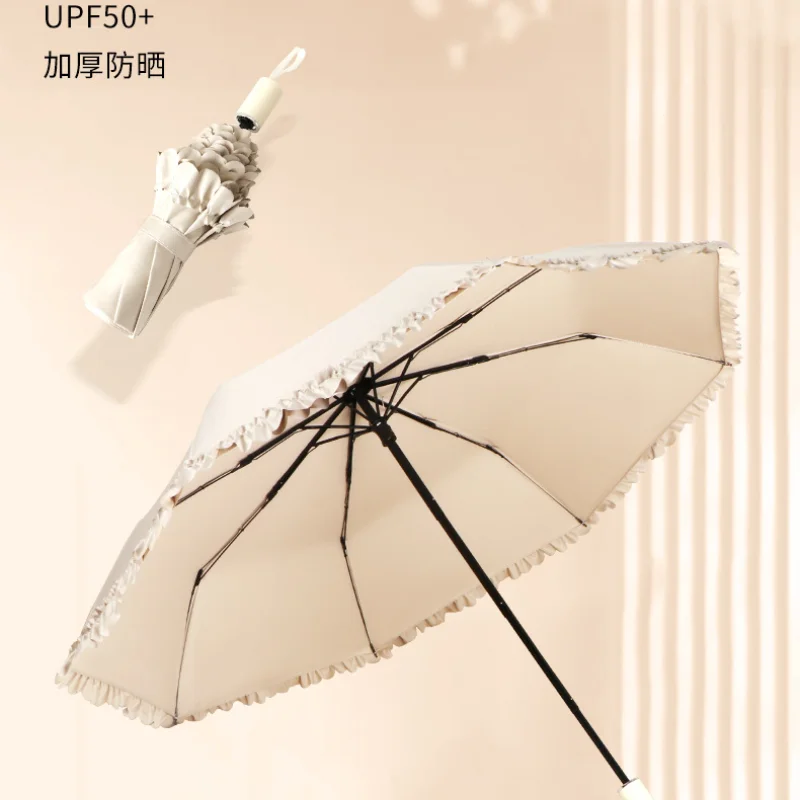 Japanese Style Cute Wooden Ear Edge Girls Three-folding Umbrella Rain Sunny Dual-use Sunscreen Sunshade Foldable Women Umbrella