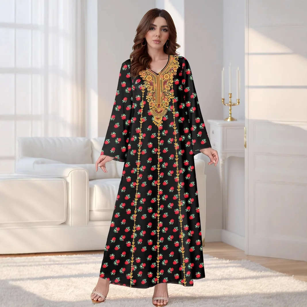 Middle East V-neck Long Dress Muslim Robe New Fashion Printed Women's Long-sleeved Dress Abaya