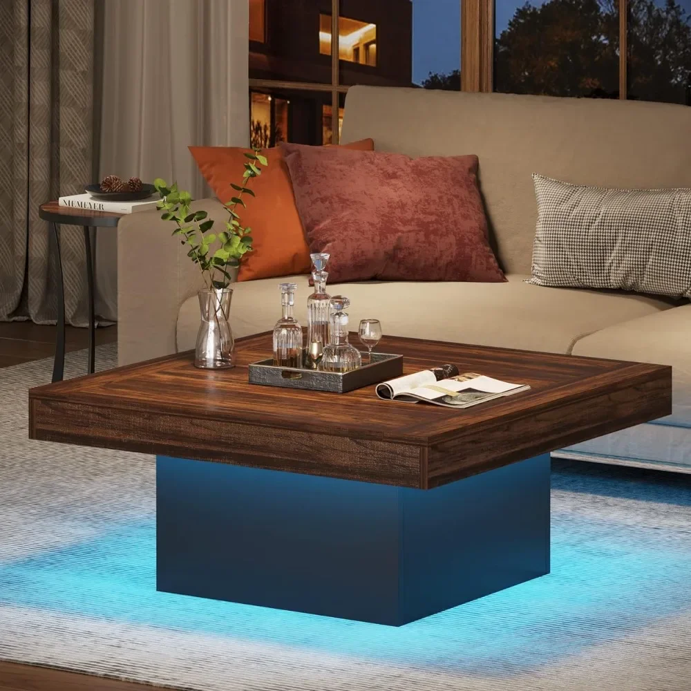 Square LED Coffee Table, Engineered Wood Low Coffee Table, Center Table for Living Room, Rustic Brown & Black,