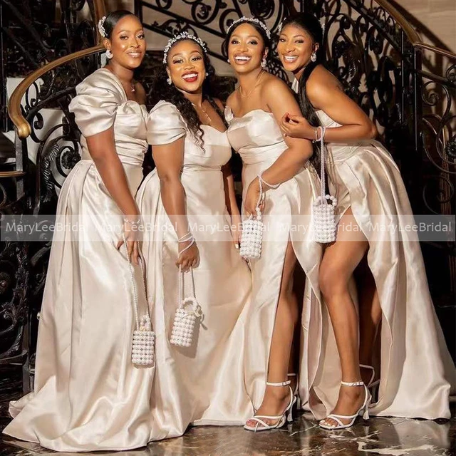 Light Champagne Satin Bridesmaid Dresses With One Shoulder Cap Sleeve Sexy High Slit African Women Plus Size Maid Of Honor Gowns Bridesmaid Dresses AliExpress
