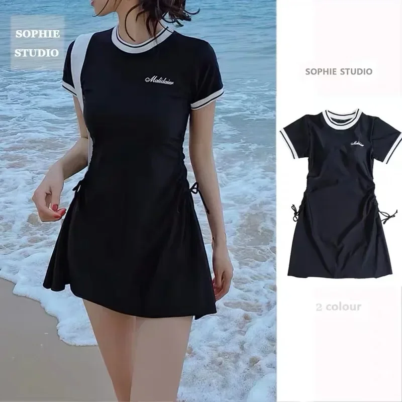 Professional Swimsuit Hot Spring Swimwear Fairy Women One-Piece Sexy Belly-Covering Short Sleeve Students Korean Bathing Suit