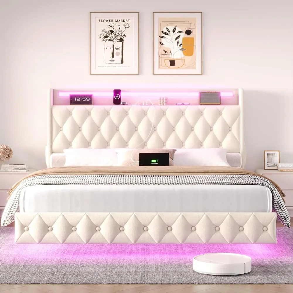 Floating Bed Frame Queen Size Platform with LED Lights, USB Charging Station Headboard Modern Upholstered Velvet Fabric Bed image 6