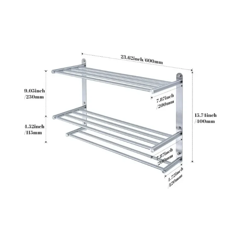 Bathroom Towel Rack with 24-Inch Multilayer Hotel Racks 304 Stainless Steel Towel Bar Shelf Wall-Mounted Brushed Finish Bar