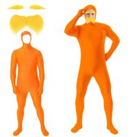 Orange Zentai Bodysuit for Men Women Cosplay Costume Jumpsuit Halloween Party Yellow Mustache and Eyebrows Dress up