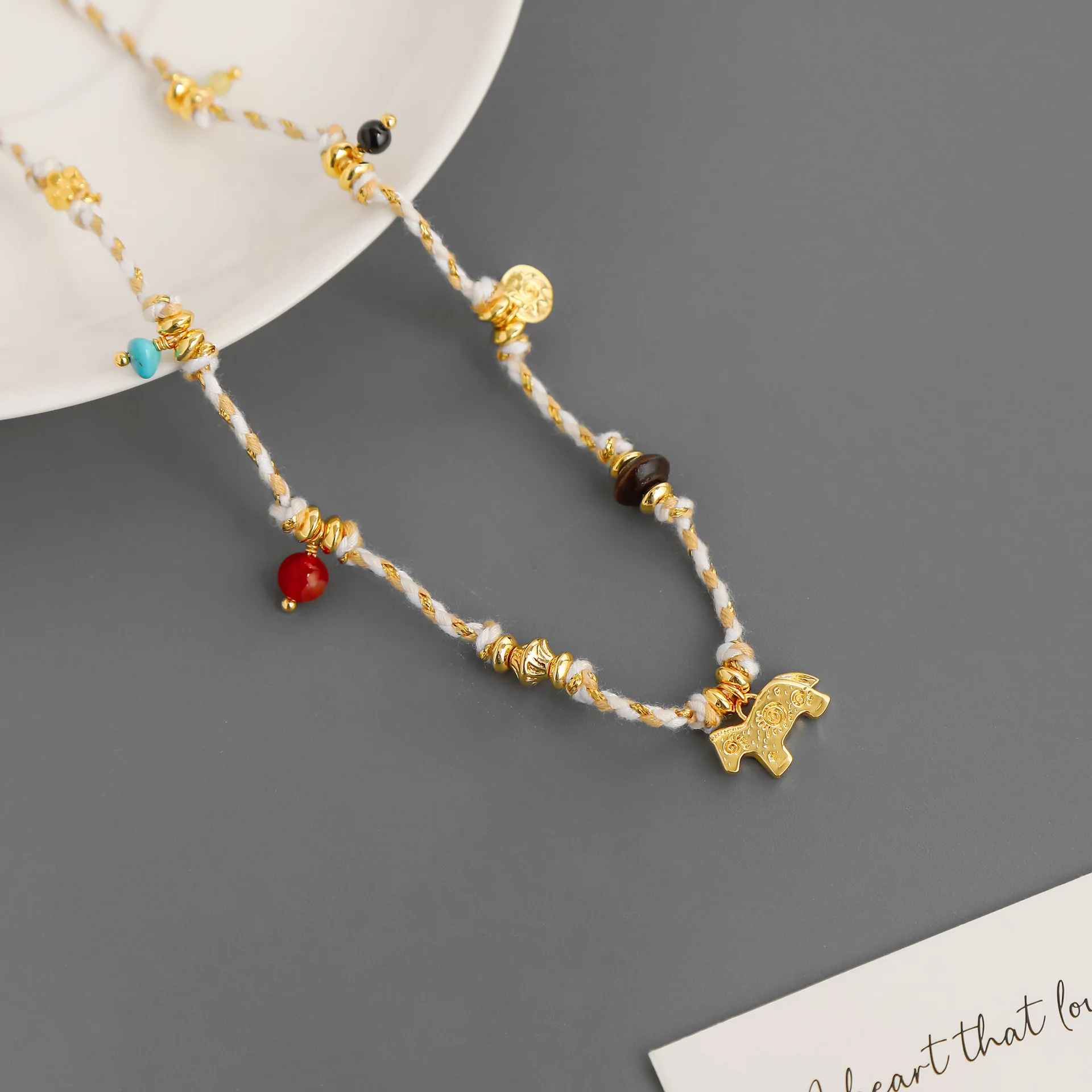 

Hand-woven ethnic style colorful pony holiday necklace 14k gold plated natural stone agate small wooden horse clavicle necklace