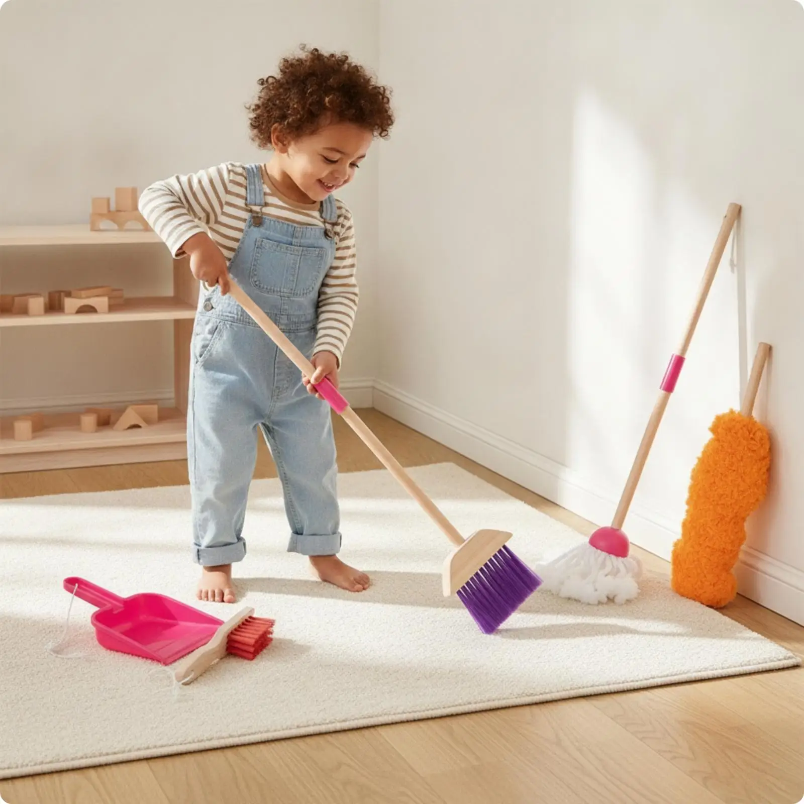 Wooden Cleaning Play Set with Broom No Batteries Needed Kids Cleaning Toy Set with Mop Sweep and Clean Playset Child-Sized