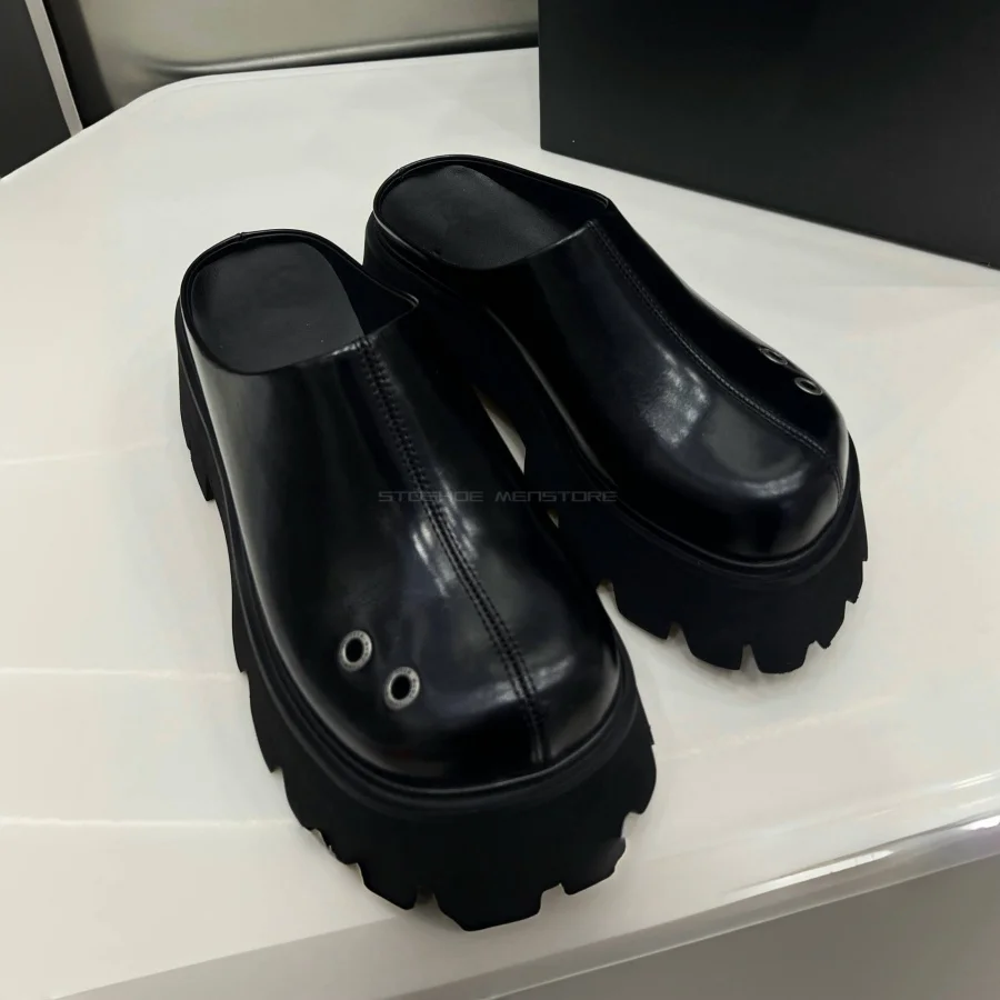 Unisex Black Leather Round Toe Mules for Men Metal Rivet Chunky Platform Height Increasing Casual Slip On Shoes Plus Size 36-44