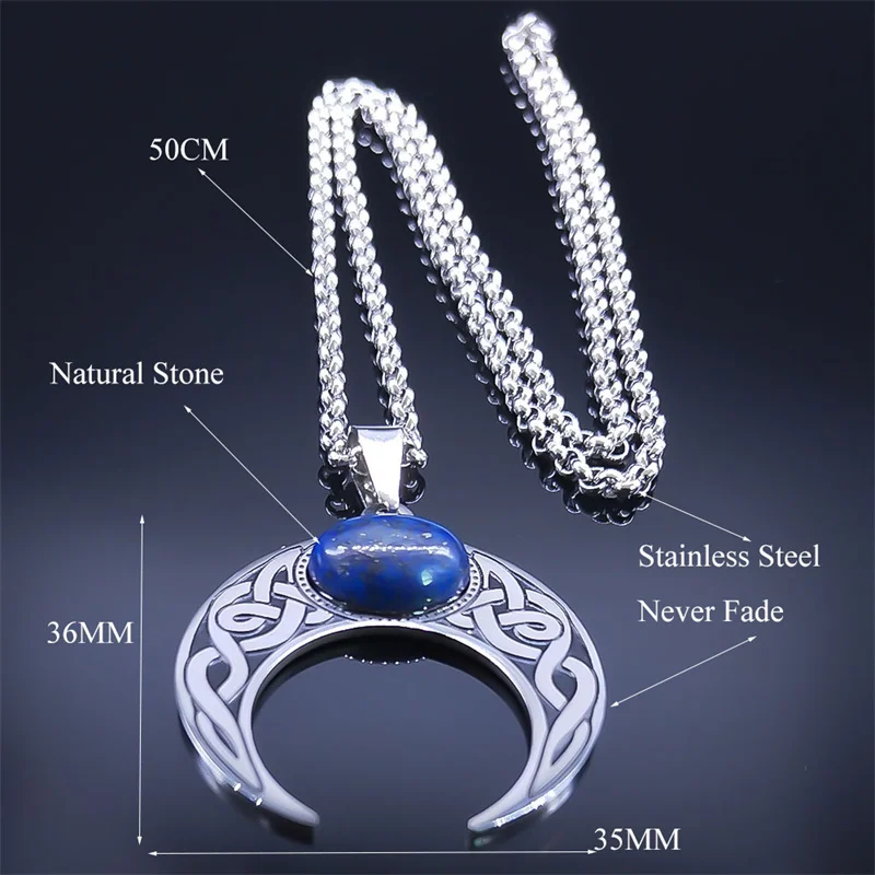 Vintage Crescent Moon Knot Pendant Necklaces for Women Stainless Steel Blue Stone Silver Color Punk Chain Jewelry collier N7941