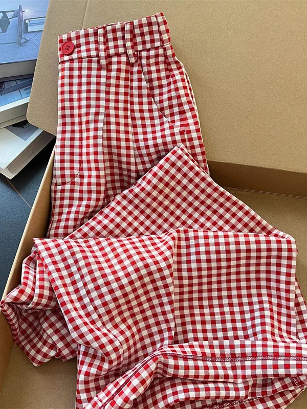 

High Waist Plaid Casual Pants Women's Summer Korean Style Red Plaid Straight Leg Pants Comfortable Loose Fit Cool Feeling