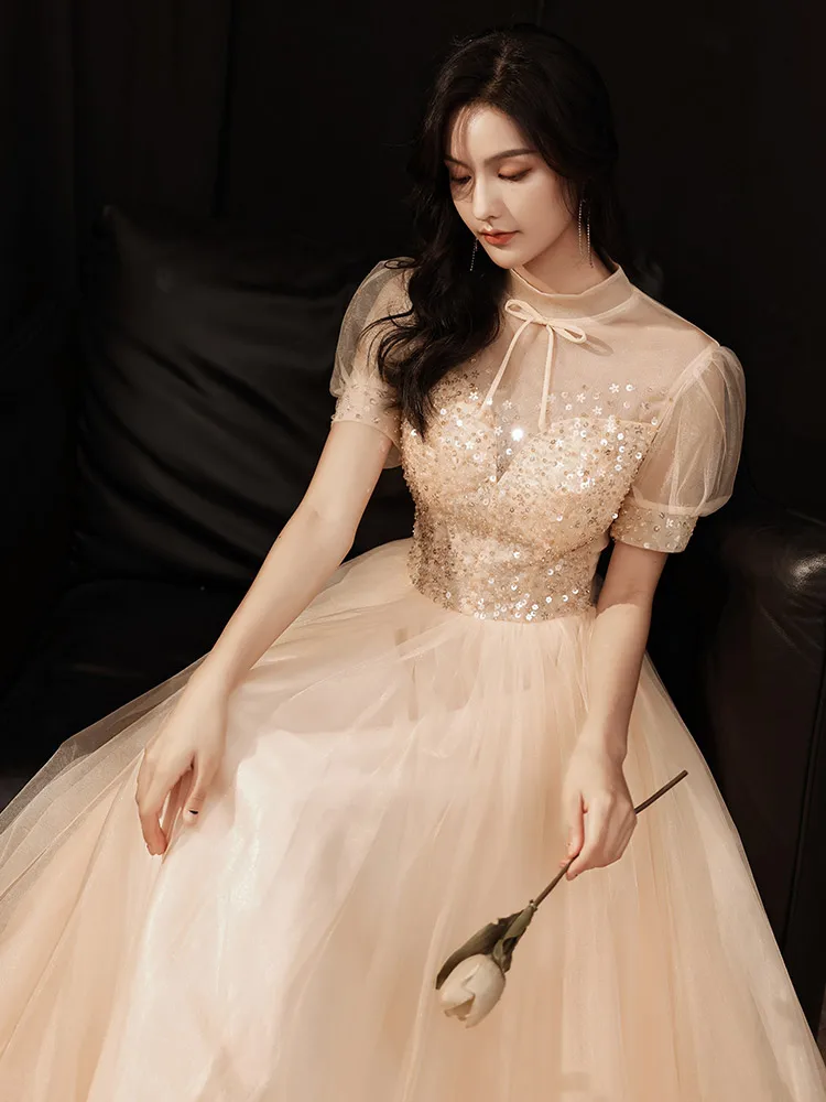 

Ele Evening Gown Women's New 2025 High-End Host Ball Dr Korean Sle Pure Color Floor-Length Polyester Fiber
