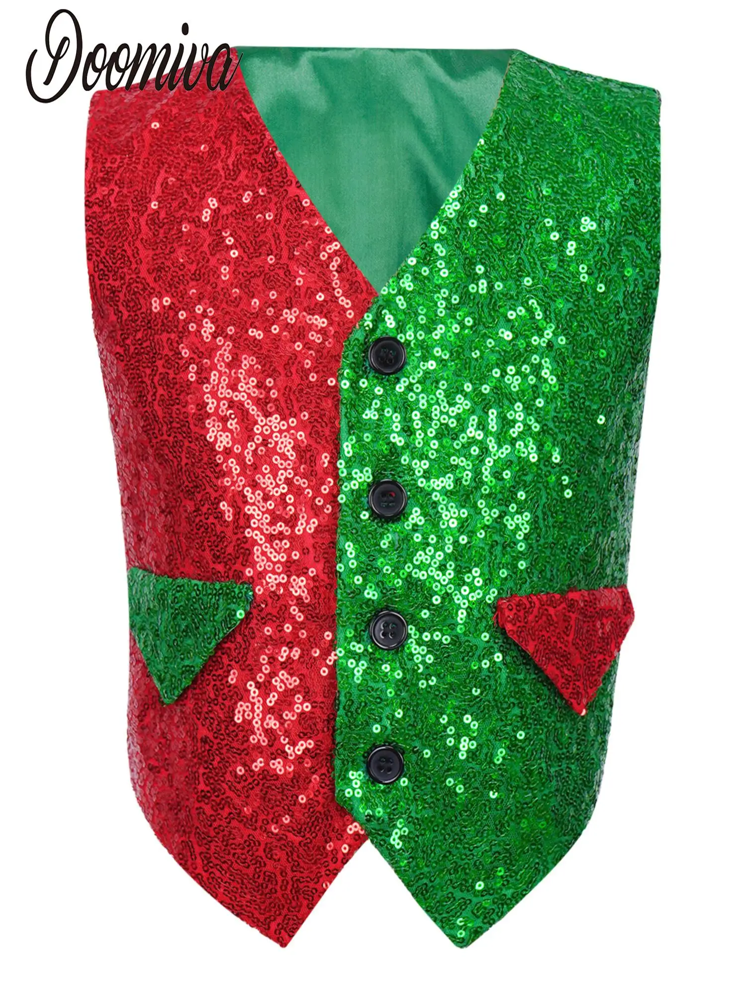 

Children Glitter Sequins Elf Vest Christmas Santa Showman Costume Color Block Flap Pockets Waistcoat Choir Jazz Dance Stage Vest