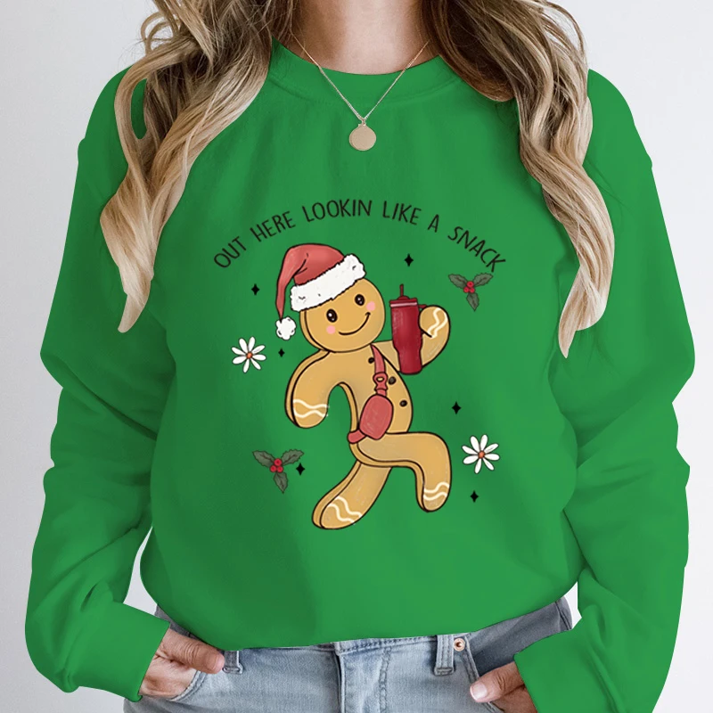 Christmas Gingerbread Out Here Lookin Like A Snack Print Pullovers Round Neck Tops Women Hoodeless Sweatshirts Long-sleeved Tops