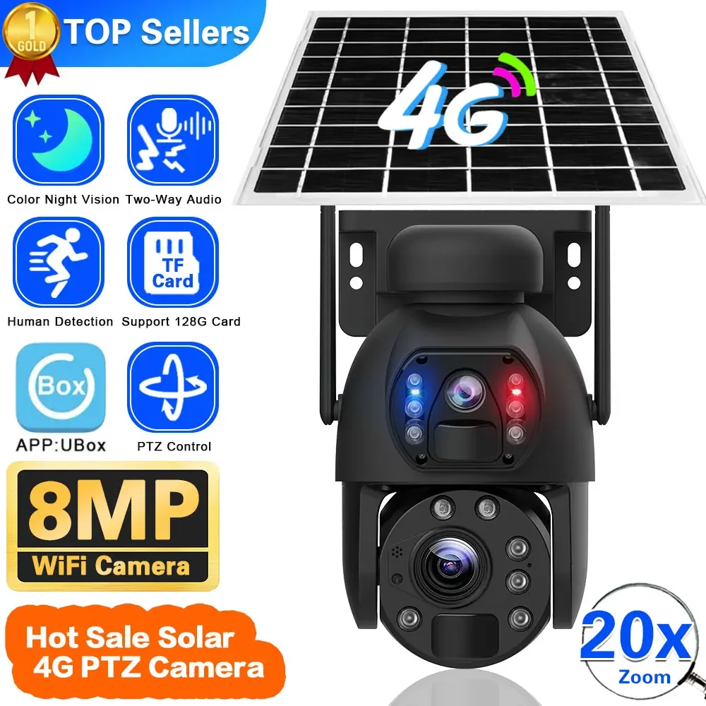 

4K 8MP 4G SIM Battery Camera With Solar Panel 20X Zoom Outdoor Wireless Smart Surveillance IP Camera Dual Lens PTZ Auto Tracking