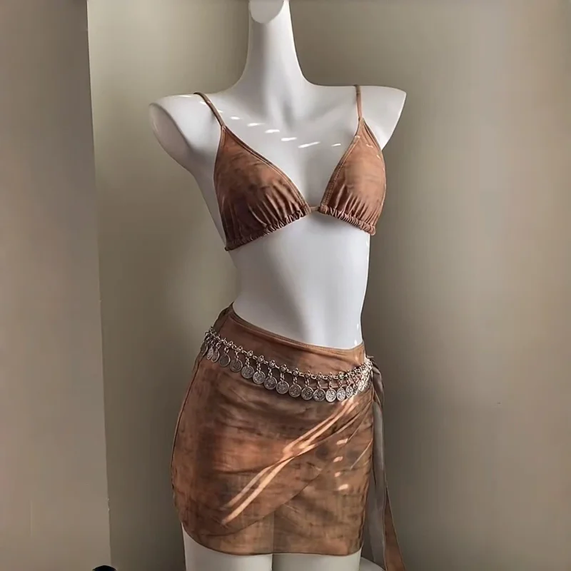 Vintage Y2K Brown Swimsuit Sexy Backless Bikinis Set with Mesh Cover Ups Beachwear Skirts 4pcs Bathing Suit for Women Tankinis