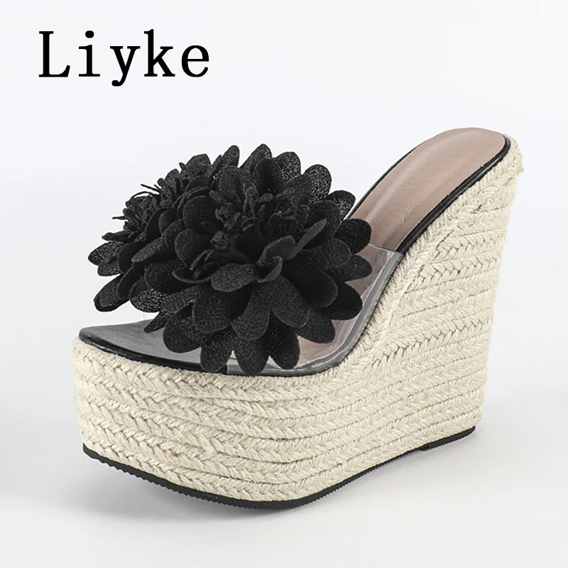 

Liyke/тапочки ручной работы на танкетке из соломенной ткани, женские модные прозрачные сандалии с большим цветком, пикантная женская обувь на высоком каблуке 15 см