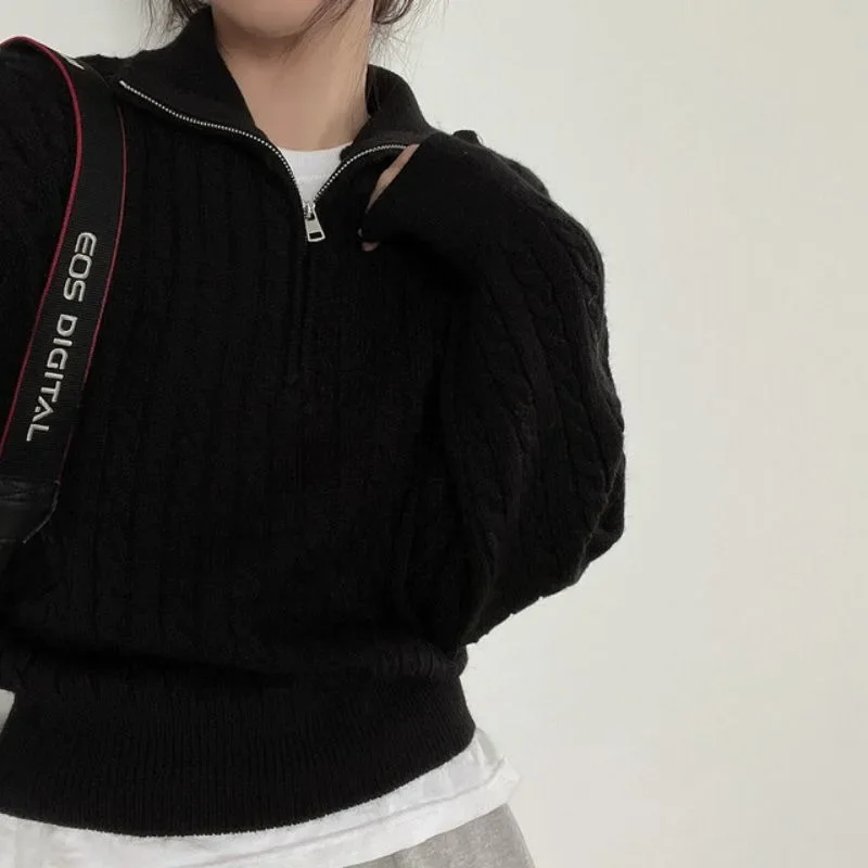 Women’s Sweaters Casual Long Sleeve Half Zip Pullover Sweaters Solid Ribbed Knitted Loose Slouchy Jumper Tops Knitwear Autumn