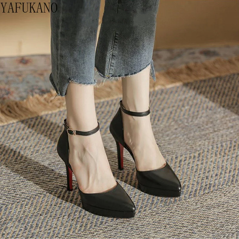 10CM High Heels Female Summer Sandals Designer Brand Platform Stiletto Ankle Strap Pumps Matte Leather Womens Shoes Size 32 33