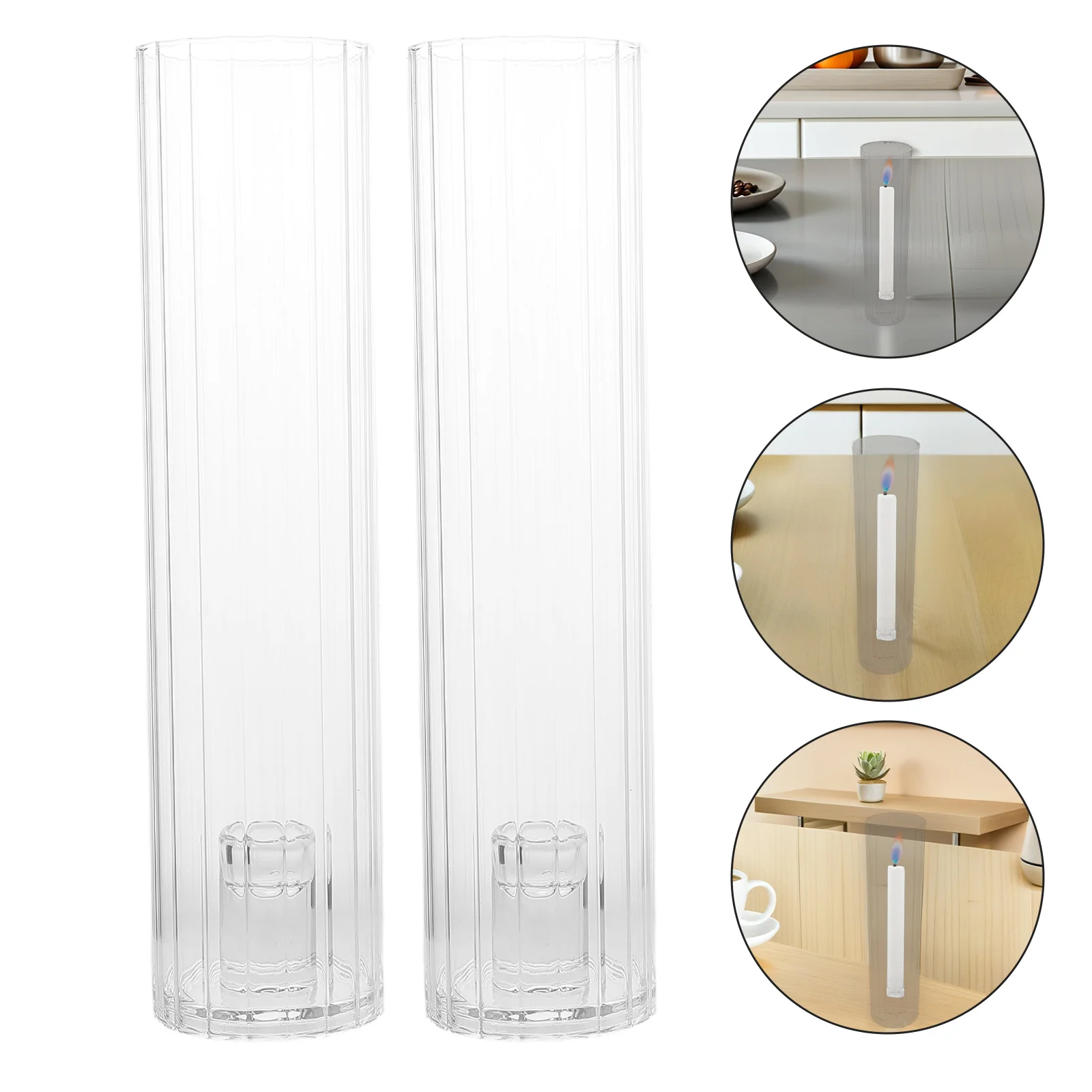 

2Sets Glass Hurricane Holders Clear Striped Cylinder Sleeve Pillar Taper Stand Wedding Table Centerpiece Decor