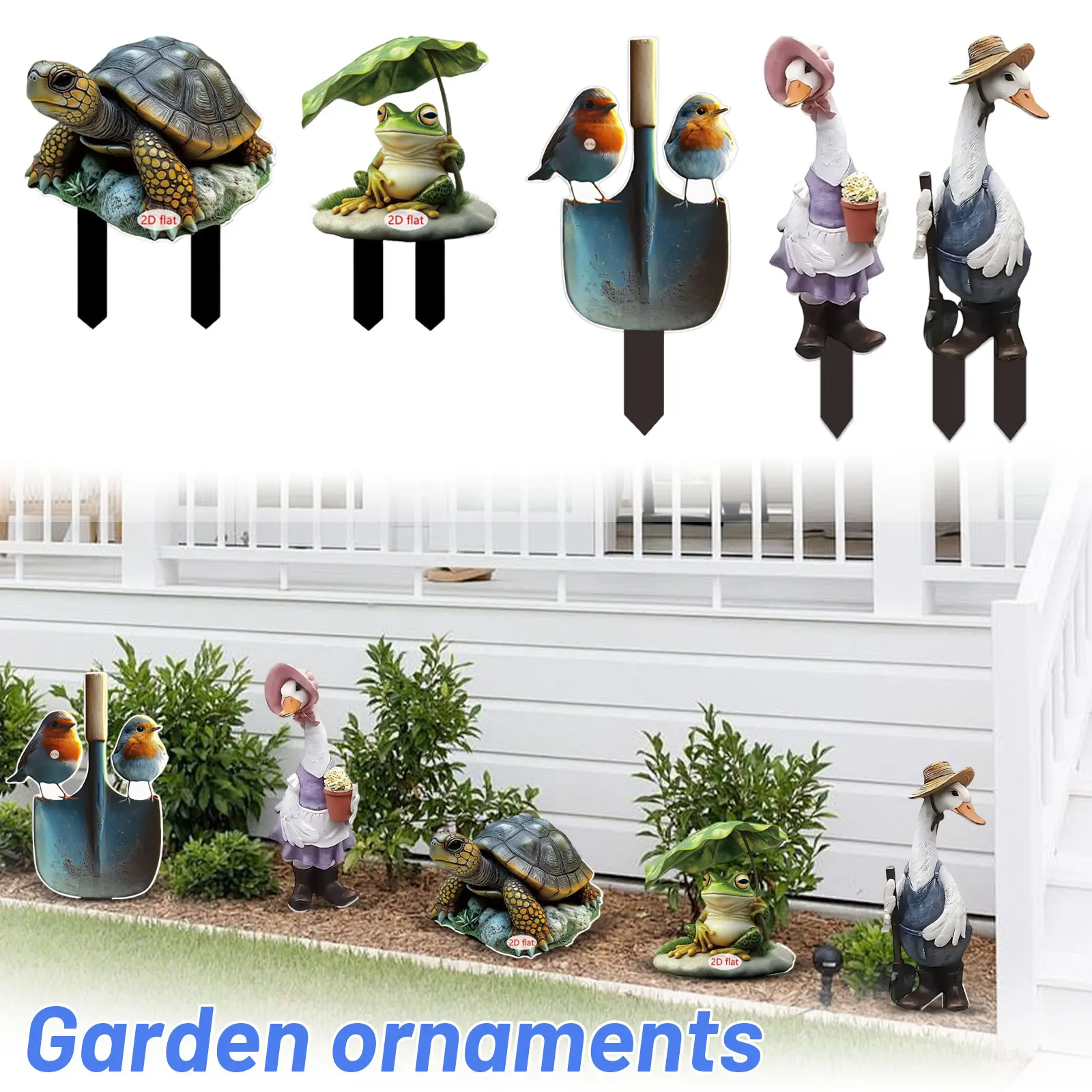 2D Flat Acrylic Animals Garden Decorations Cute Frog, Duck, Turtle Animal Garden Stakes Home Countyard Decoration
