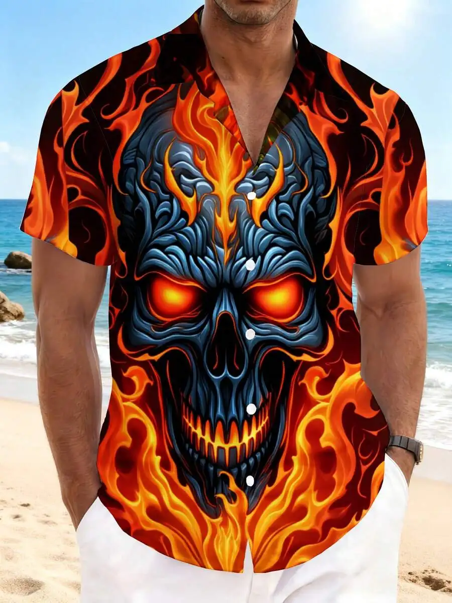 

Mens Short Sleeve Flame Skull Hawaiian Shirt 3D Print Beach Casual Summer Top