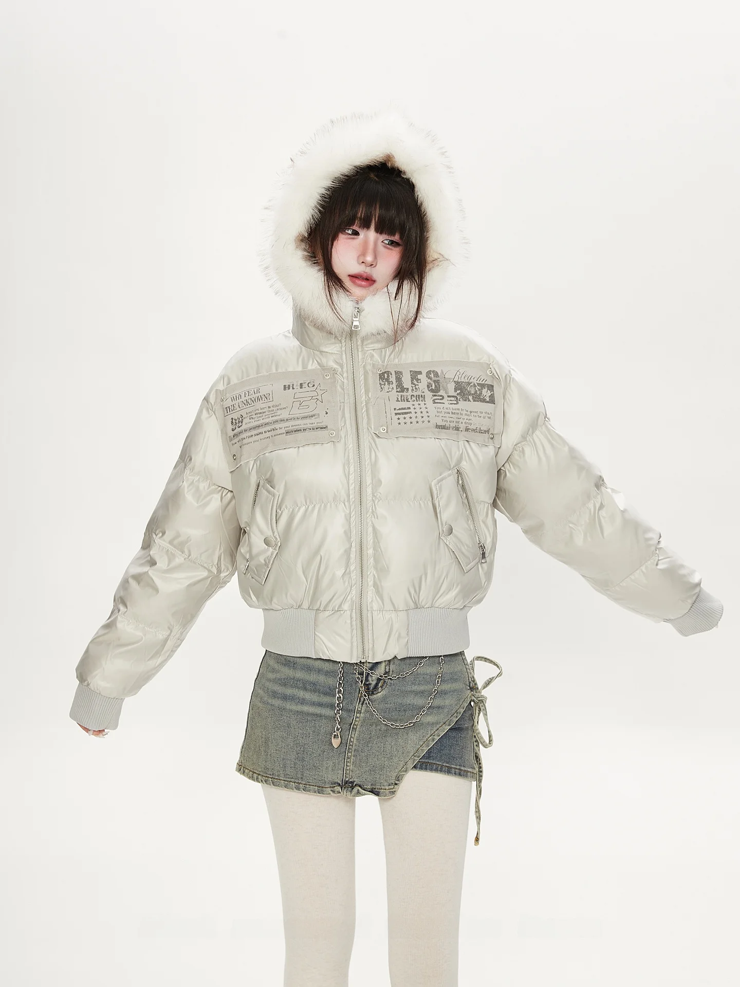 

Slimming Effect American Retro Patchwork Embroidery Spicy ort Hooded Fur Collar Cotton Jaet Women's Winter Workwear Trend...