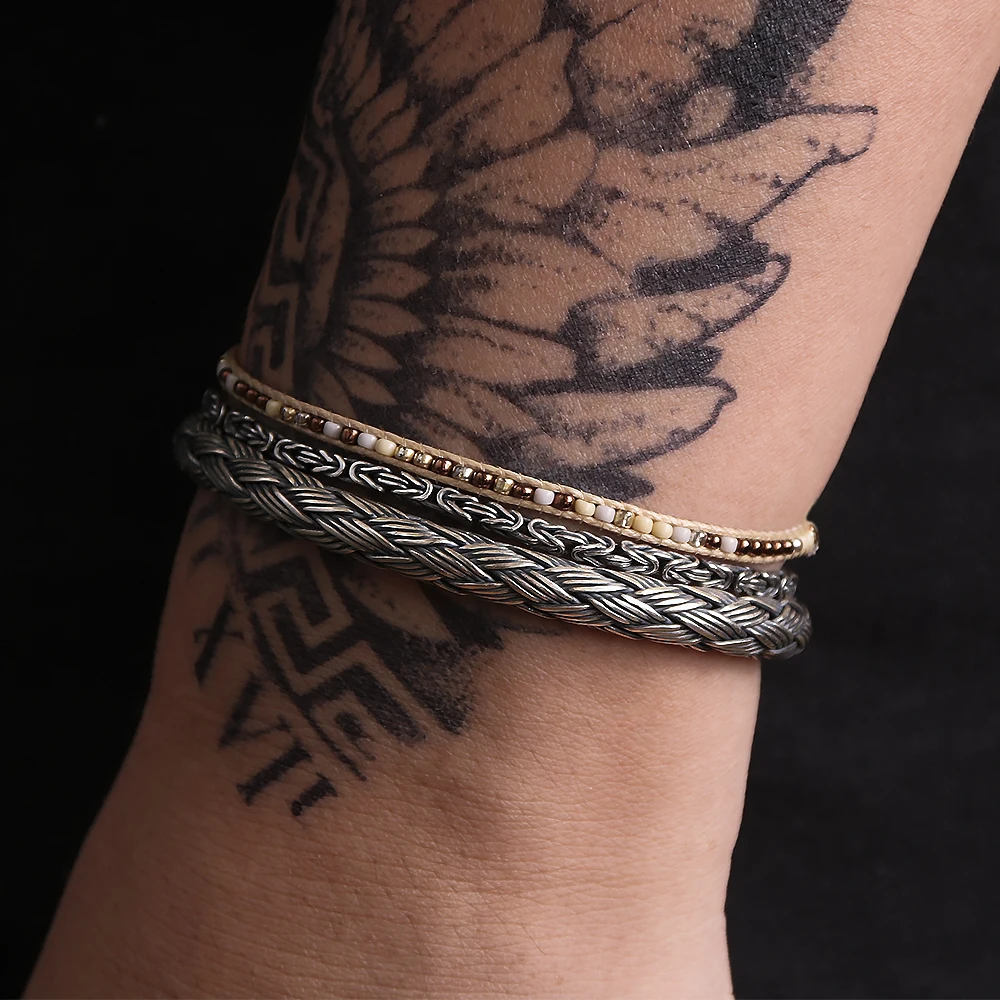 

3pcs/set 925 Sterling Silver Twisted Woven Bangle Bracelet Charm Beaded Rope Adjustable Handmade Fashion Retro Male Jewelry