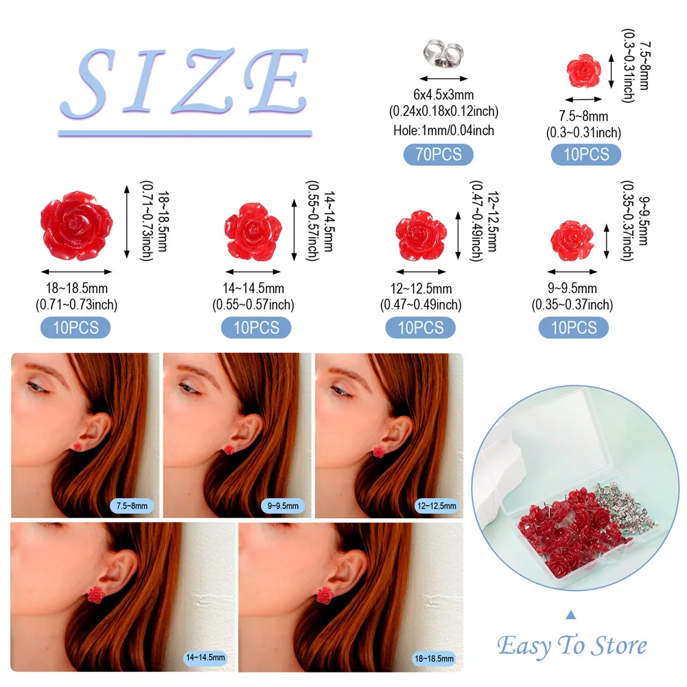 50Pcs Resin Red Rose Flower Stud Earrings 5 Size with 316 Stainless Steel Pins Friction Ear Nuts for Women Friends Fashion Gifts