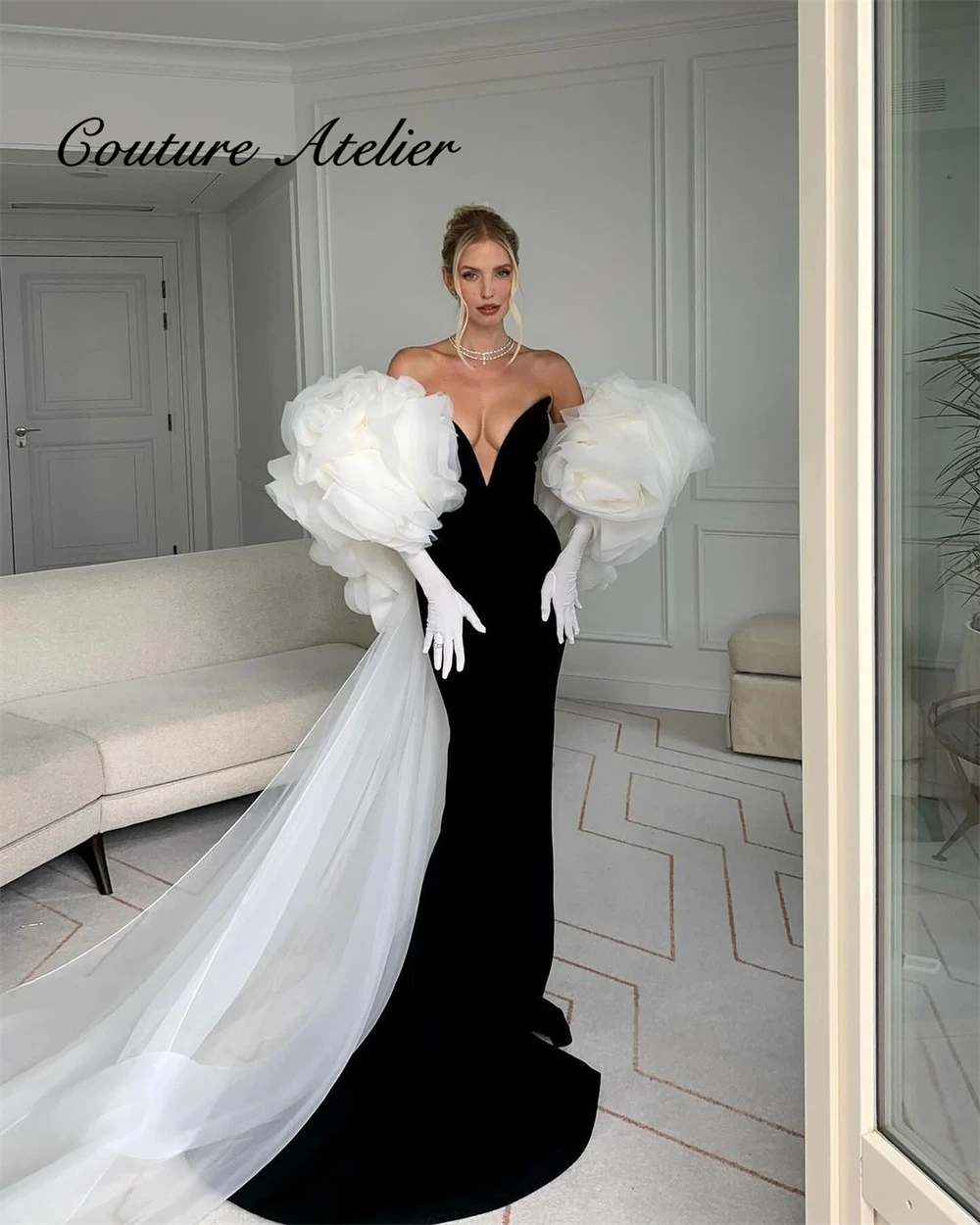 

Elegant Black Sweetheart Arabic Evening Dresses 2025 White Ruched Back Mermaid Dubai Celebrity Dress With Gloves Customized