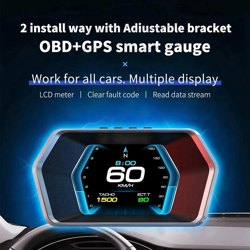 Car Heads Up Display, Car Smart Obd2 Gauge Display, Gps Speedometer With Vehicle Speed, Rpm, Fuel Consumption Voltage