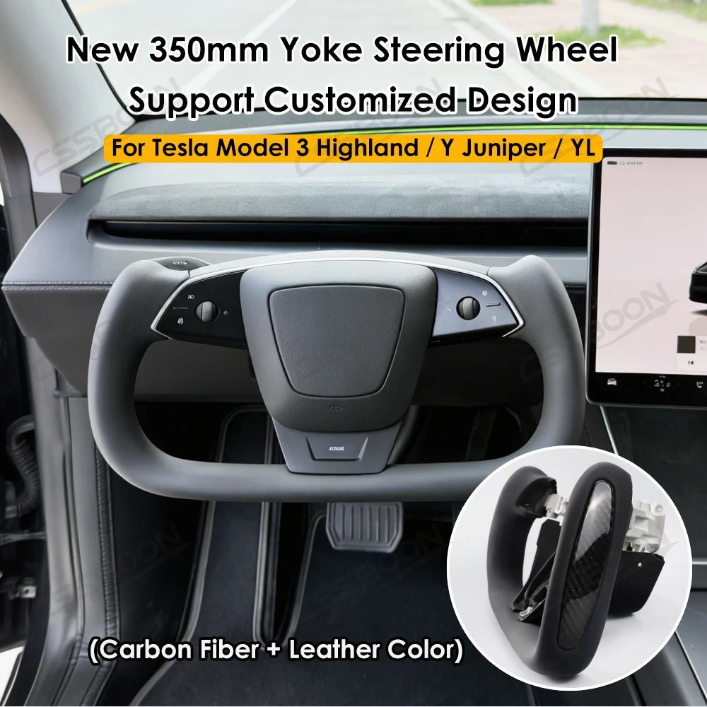 Newest 2026 Model Y Juniper Yoke Handle 350mm Carbon Fiber Leather Sports Steering Wheel Heated for Tesla Model 3 Highland