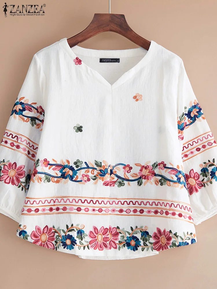 ZANZEA Vintage Tops Printed Blouse Women Casual Loose 3/4 Lantern Sleeve 2025 Summer V-neck Blusas OL Work Pullovers