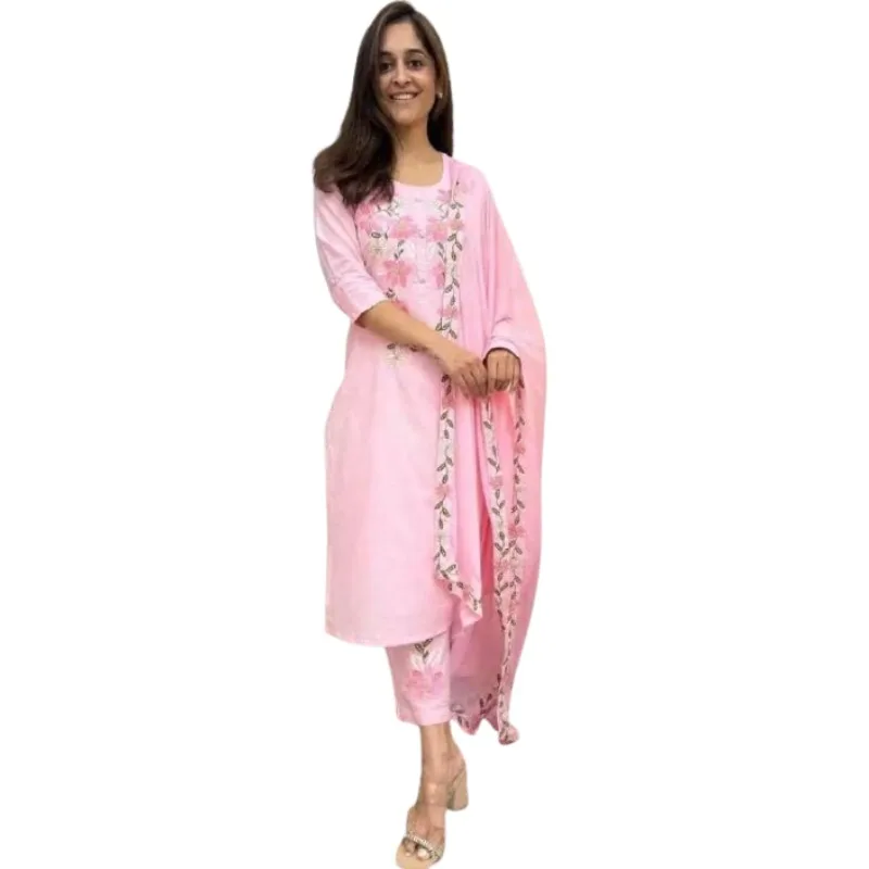 Pink Kurti Salwar Suit Collar Embroidered Women Anarkali Kurta Pant Dupatta Set Indian