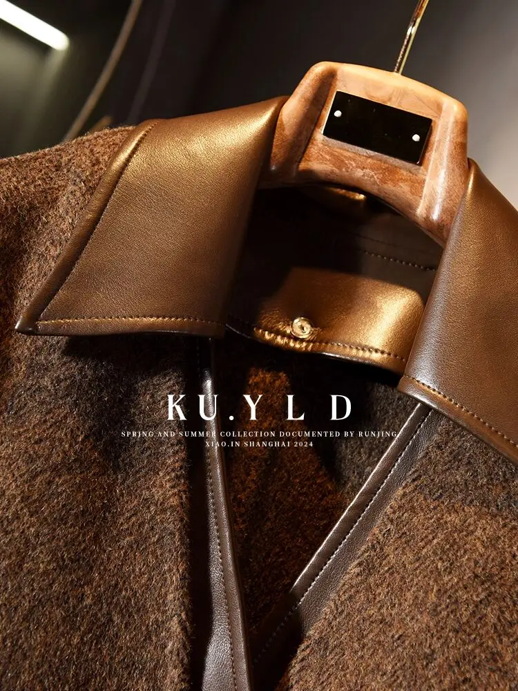 DFDG Abrigo de cuero de mezcla de lana de retales con bloques de Color de diseñador Otoño Invierno 2025 para mujer Abrigo hasta la rodilla con cuello con muescas vintage