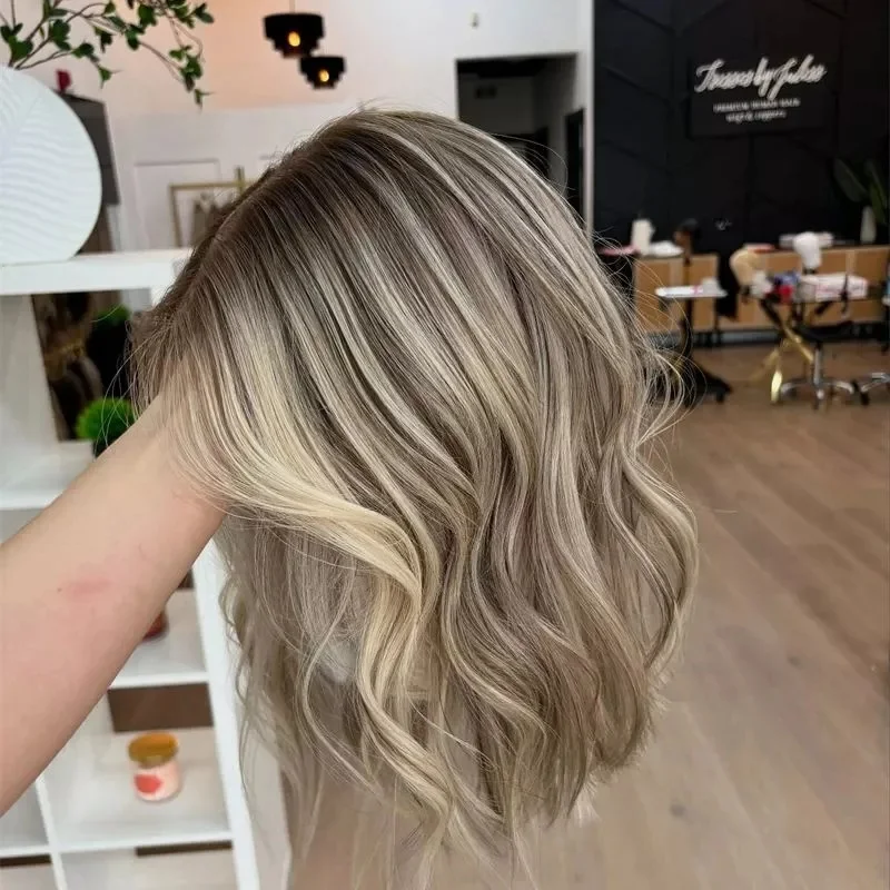 

Shoulder Bob Wig Highlight Ombre Platinum Blonde Synthetic Lace Front Wig Realistic Look Body Wave Wig For Women Daily Party Use
