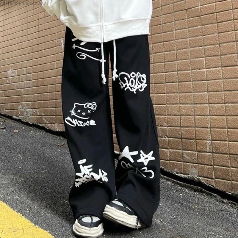 Sanrio Y 2k Gothic Hello Kitty Print Casual Pants Female Straight Hip Hop Punk Black Pants Y2k Fashion Harajuku 2000s Trousers