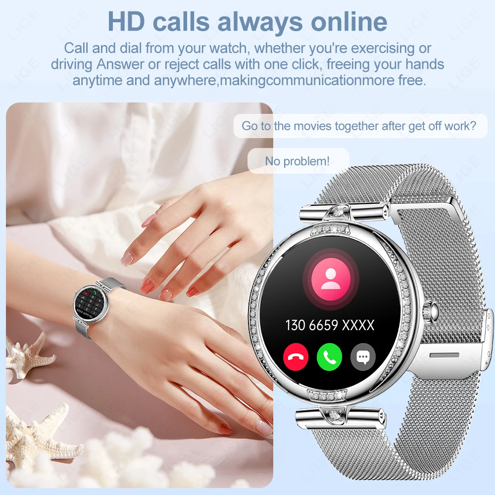 LIGE 2026 New Fashion Women Smart Watch 1.19 Inch 390*390 AMOLED Blood Oxygen Health Monitor Sports Smartwatch IP68 Waterproof