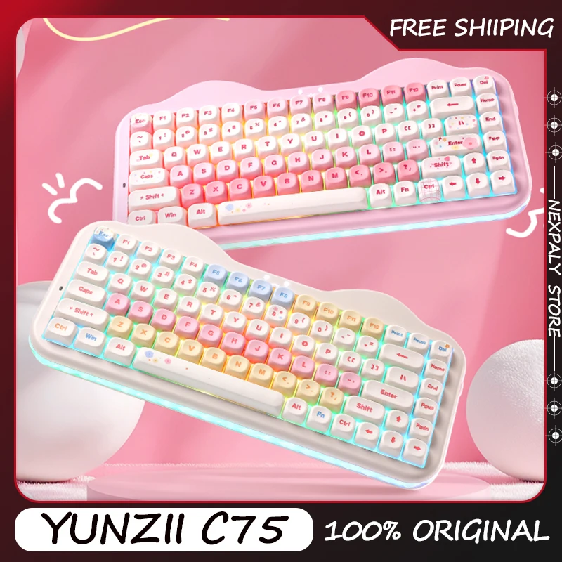 YUNZII C75 Mechanical Keyboard Tri-Mode RGB Gamer Keyboard Cat Ear Gasket Cute Design Hot Swap Ergonomics Gaming Accessories