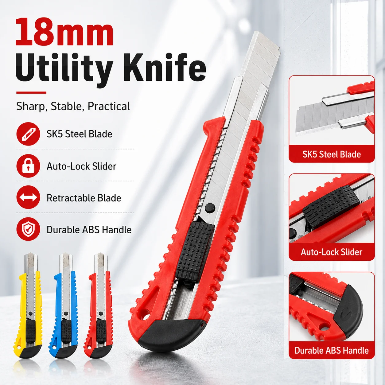 

18mm Utility Knife SK5 Steel Blade Retractable Box Cutter Auto Lock Snap Off Paper Cutter for Cardboard Foam Board DIY