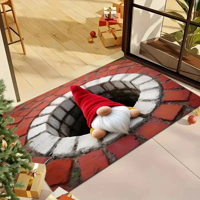 Vintage Wink Santa Doormat, Red‑White Stripe Printed Floor Rug, Front Door Christmas Home Decor