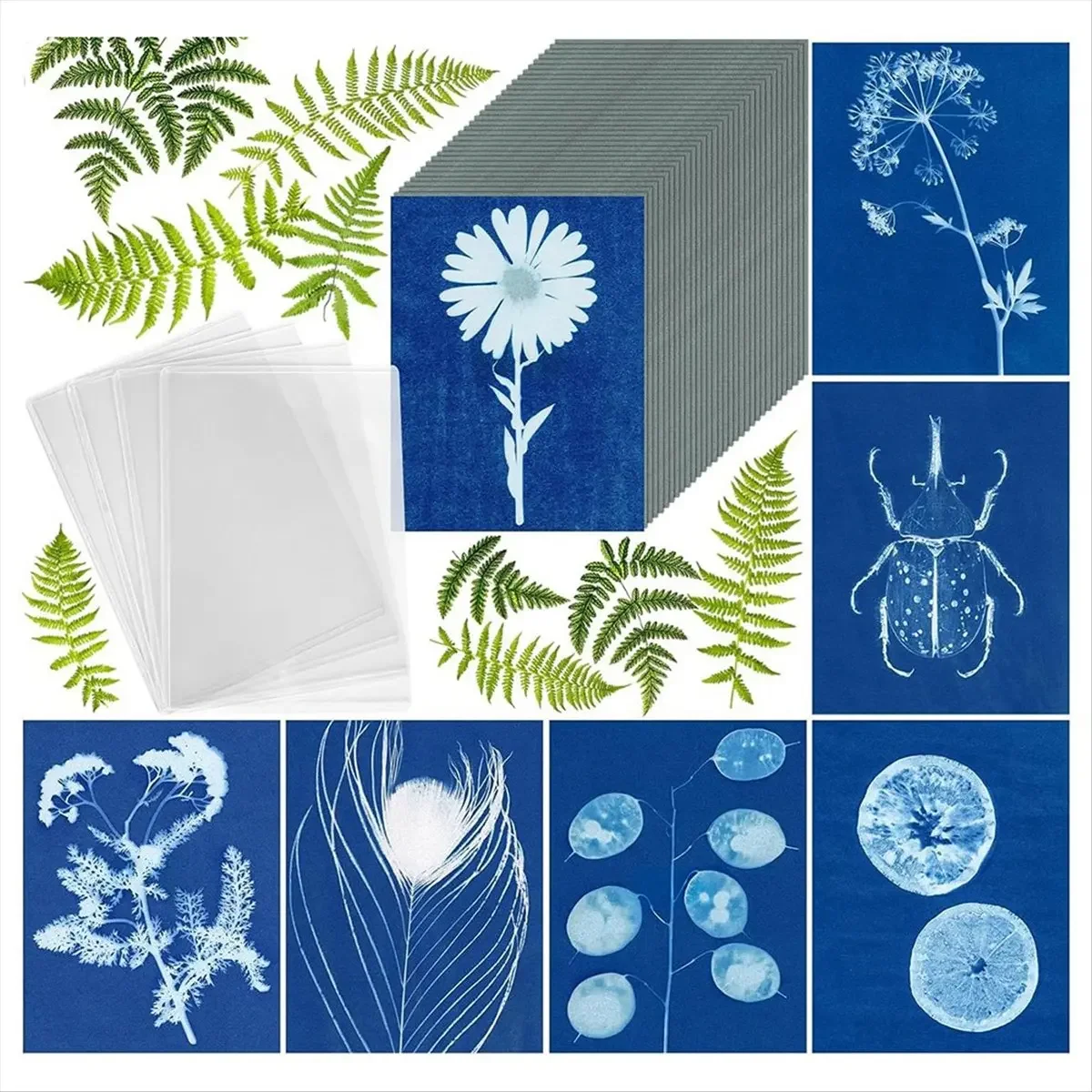 Sun Print Paper Kit, 100 Sheet Cyanotype Paper with 4 Sheet Acrylic Panel, A5 Sun Art Paper, Solar Printing Art Paper