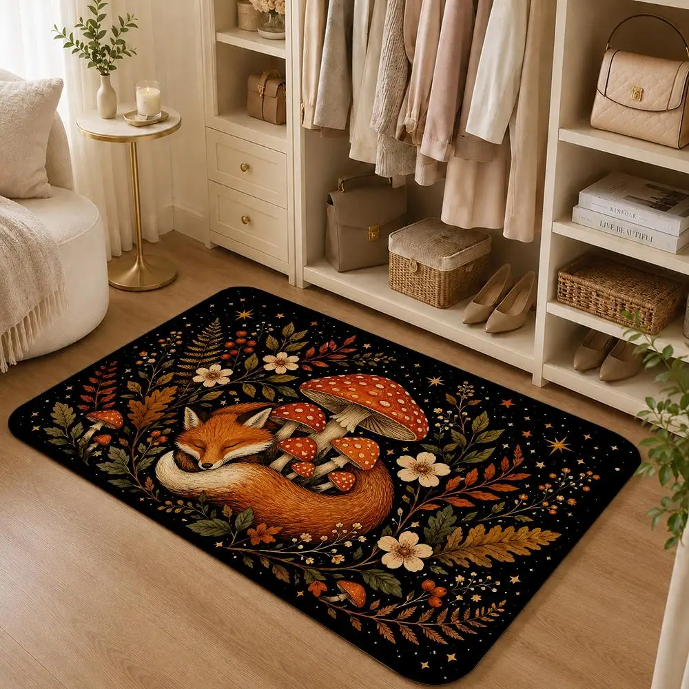 Magic Mushroom Little Fox Floor Mat Flannel Rug Soft Non Slip Washable Door Mat For Bathroom Bedroom Kitchen Home Decor