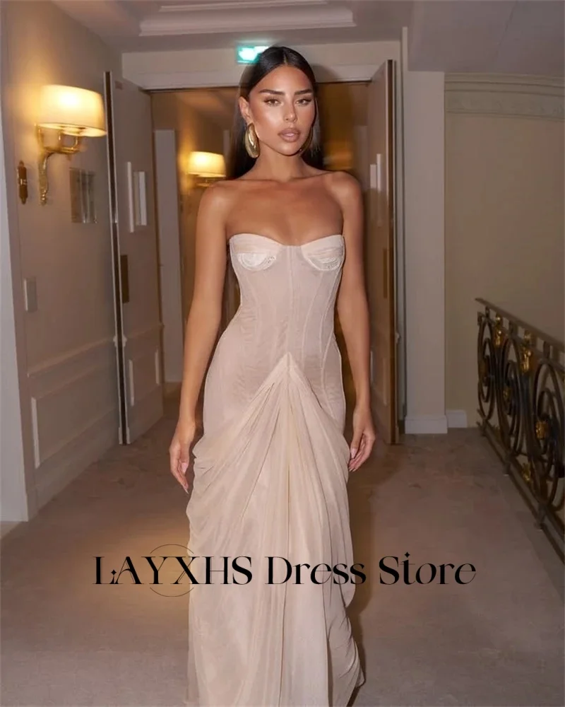 LAYXHS فساتين سهرة بسيطة على شكل قلب وردي حورية البحر بدون أكمام بطول الأرض مطوي فساتين لحضور الحفلات الموسيقية مخصصة Fساتين Shicher