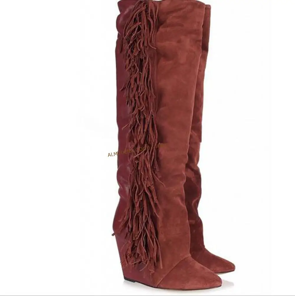ALMUDENA Women Knee High Suede Fringe Boots Black White Wedged Tall Boots Brand Fashion Women Motorcycle Tassel Boots Dropship