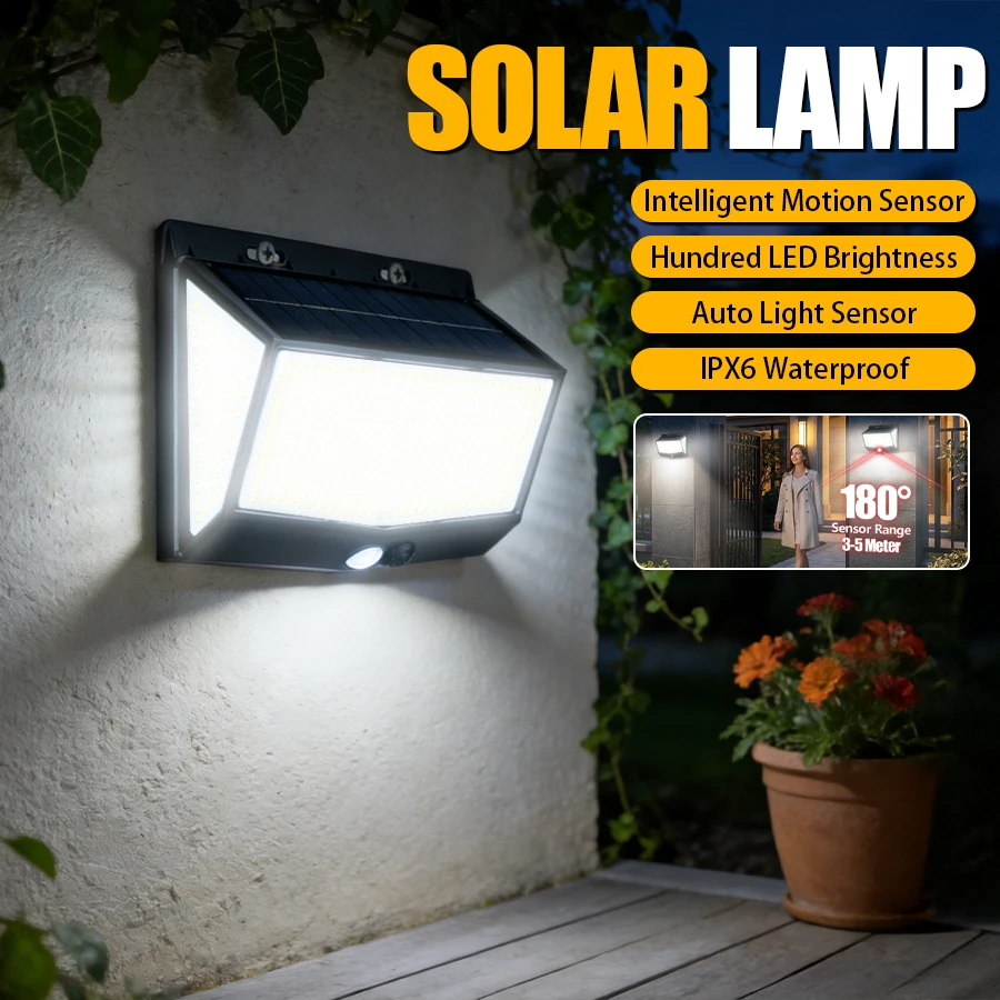 100/144/468 LED Solar-PIR-Bewegungssensor-Wandleuchte, 3 Modi, IP65 Wasserdichte Sicherheitslampe, Weitwinkel, Dämmerungssensor für Garten und Hof