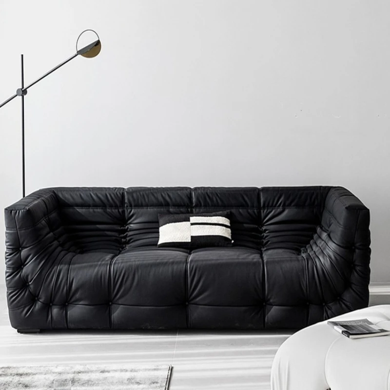 

Black leather sofa clothing store medium antique retro straight row small apartment living room special shape